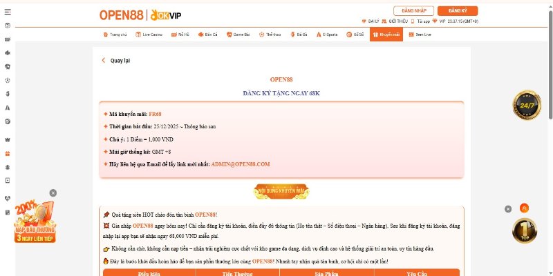 Thể lệ chương trình đăng ký tài khoản nhận 68K